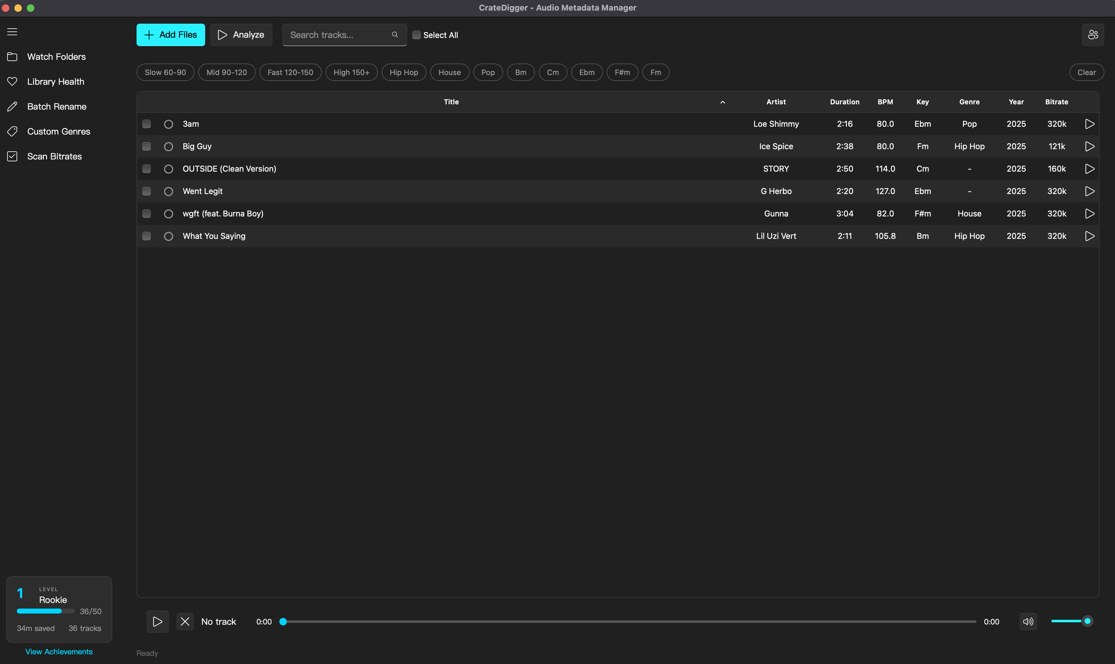 CrateDigger — DJ library manager showing BPM, key detection, and track metadata